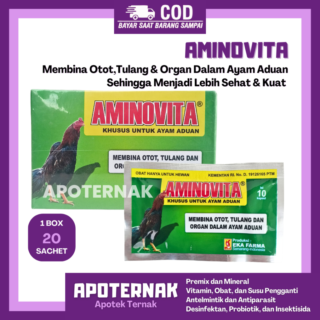 AMINOVITA 10 KAPSUL 20 Sachet - Obat Penguat Otot Tulang & Organ Dalam Ayam Aduan - Obat Ayam Aduan 