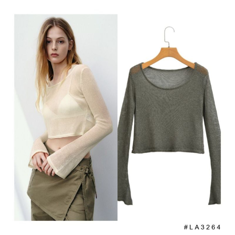 LA3264 - Ivory, Dark Green Transparent | Blouse