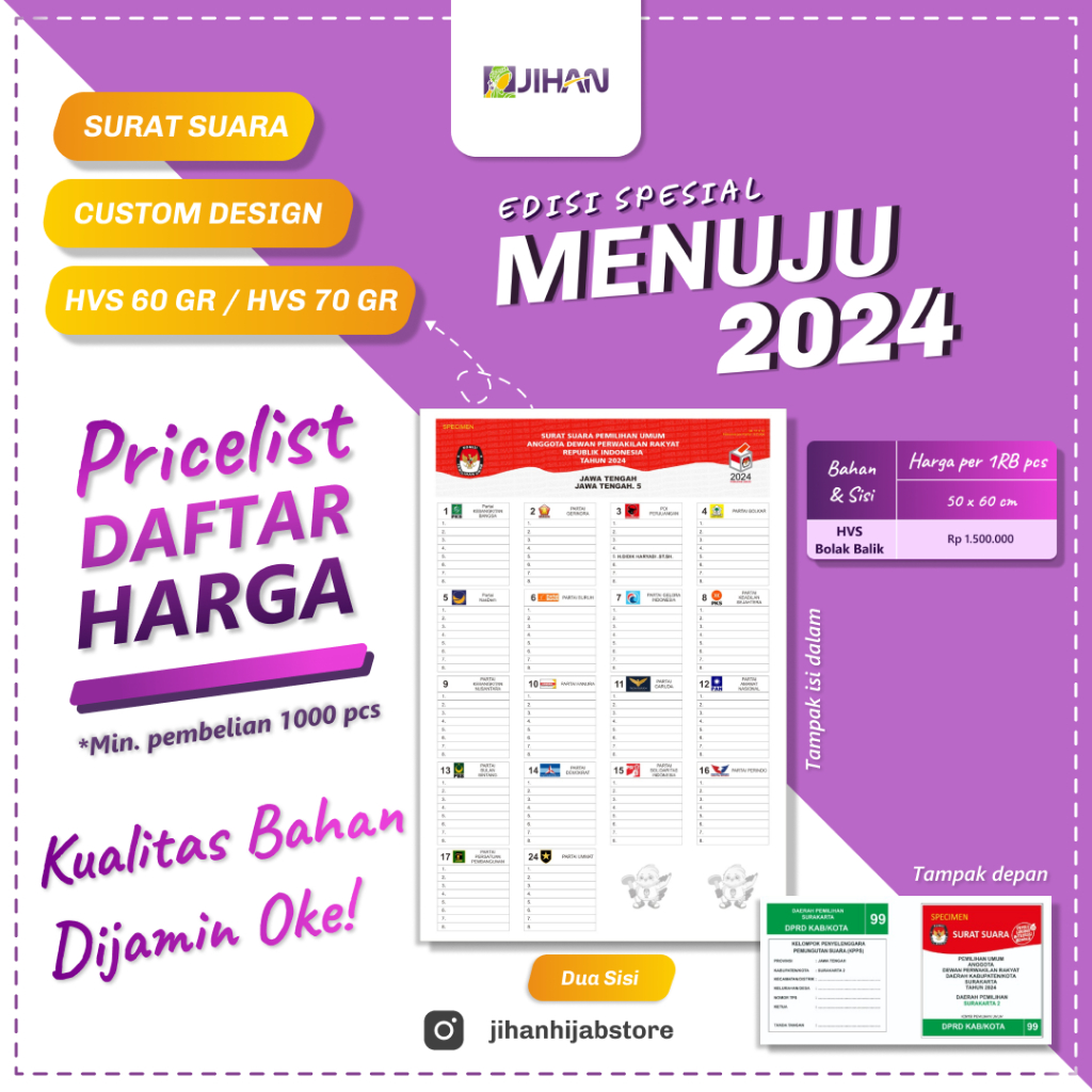 

SURAT SUARA PILKADA 2024 CUSTOM NAMA CAGUB CAWALI CABUP CALEG PER 1000 PCS 1 & 2 SISI BOLAK BALIK