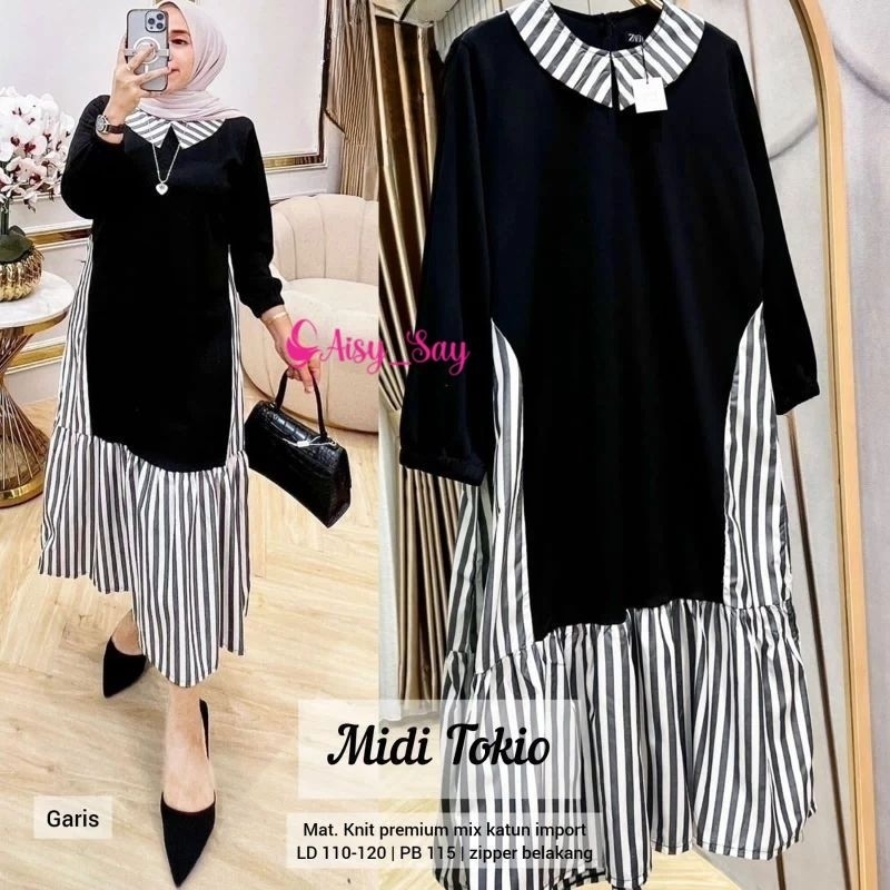 Restok Tokio Midi Bahan Knit Premium Mix Cotton Import By Aisysay-Midi Dress Wanita Kombinasi Motif 