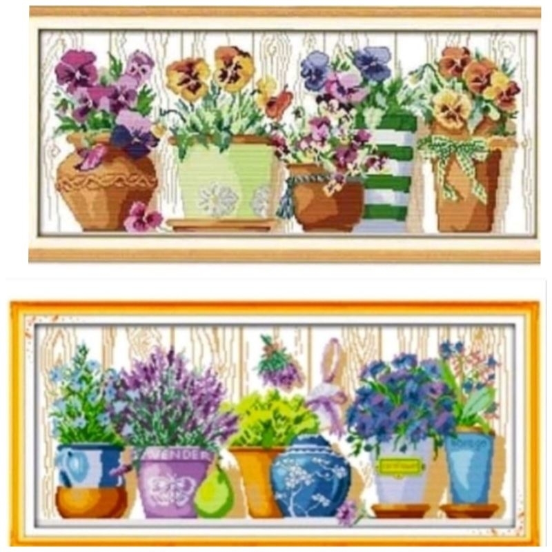 Paket kristik bunga pot pola kain bunga tanaman hias cross stitch 14ct embroidery sulaman jahitan ke