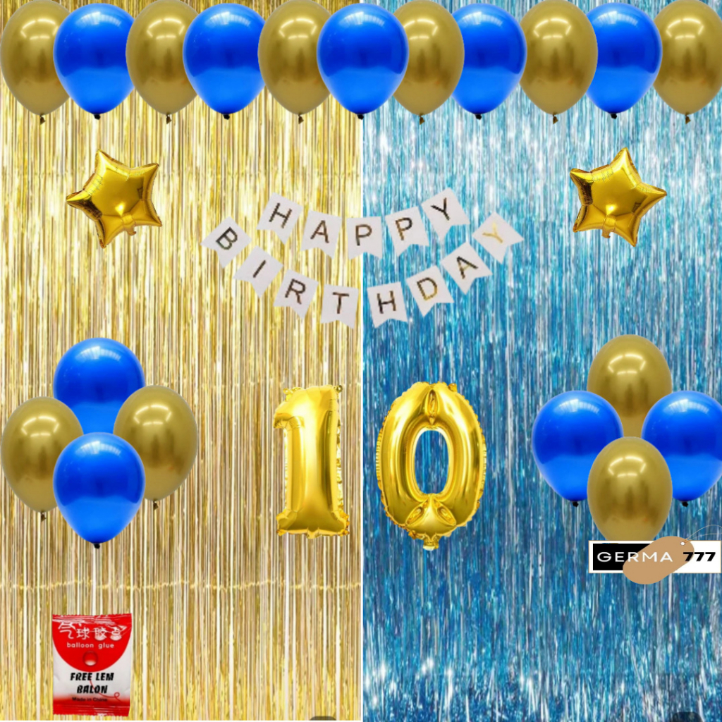 Set Dekorasi Ulang Tahun Anak Tirai Gold Mix Biru Muda Cewek Cowok Ultah Dekor Happy Birthday Hemat