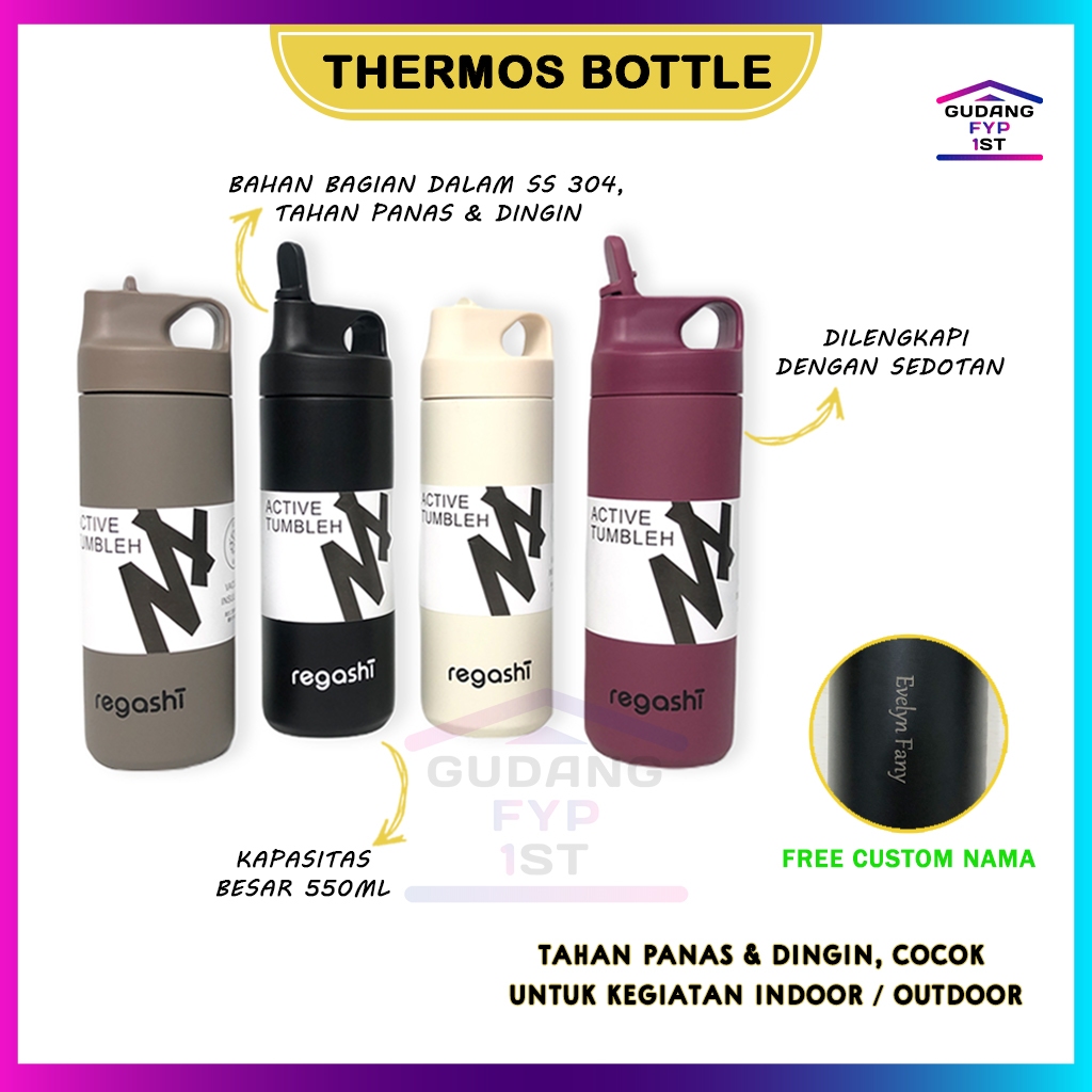[ Custom Nama ] Termos Botol Minum 550 ml | Termos Air Panas dan Dingin Stainless Steel | Thermos Bo
