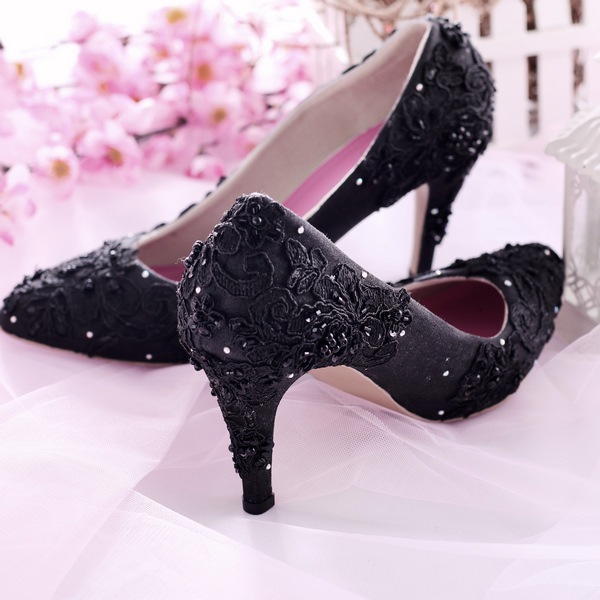 SLIGHT Sepatu Pointed Brukat Hitam Lace Wedding Shoes High Heels Payet | Sepatu pesta kondangan | Wedding shoes pengantin