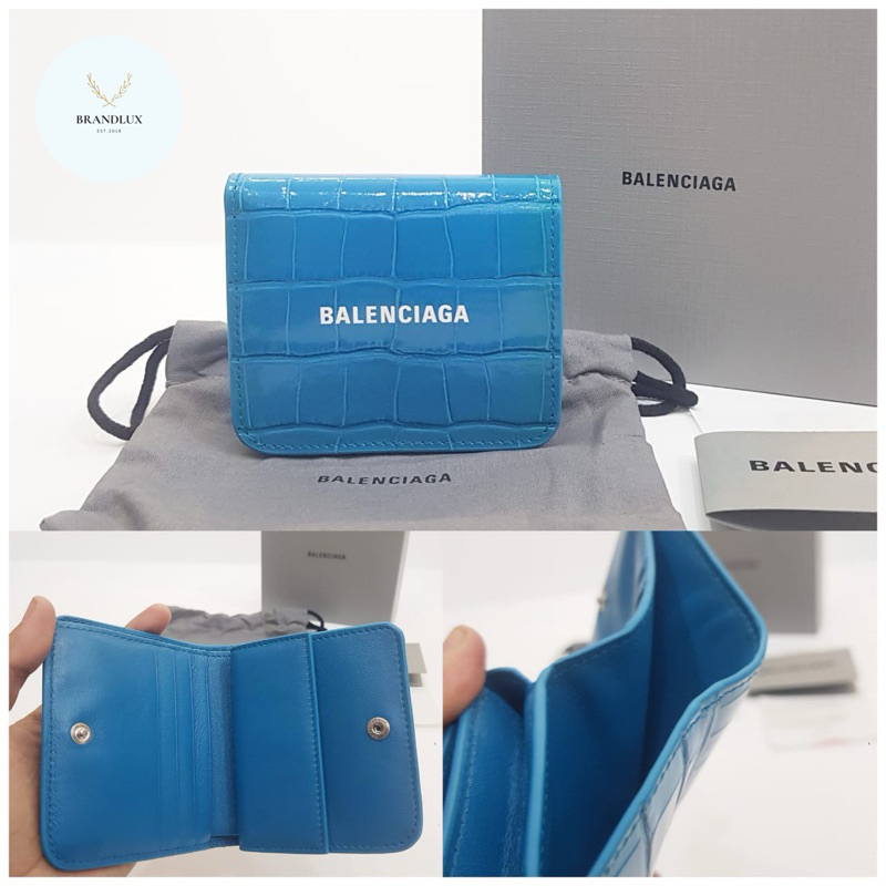 BALENCIAGA Bifold mini Wallet Blue with coin case Croco Leather