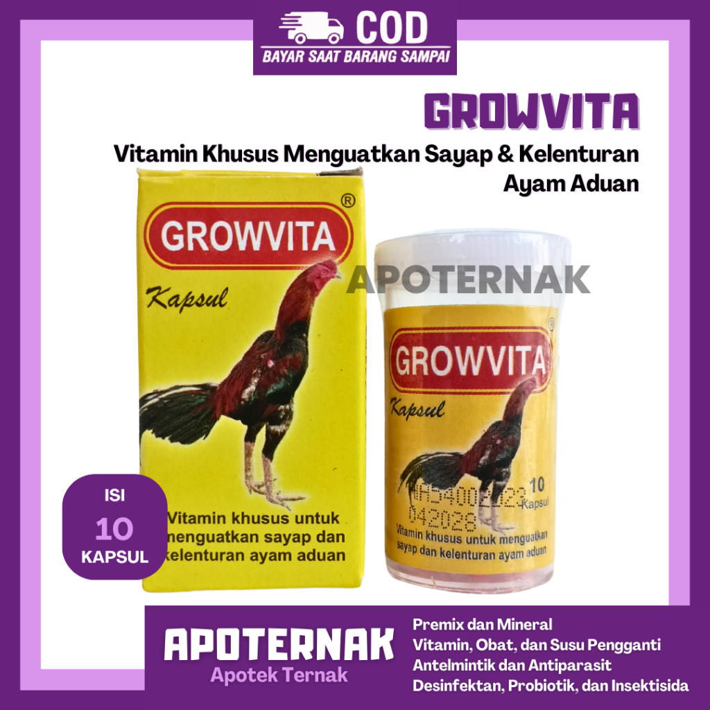 GROWVITA 10 KAPSUL - Vitamin Menguatkan Sayap & Kelenturan Ayam Aduan - Vitamin Penguat Sayap Ayam A
