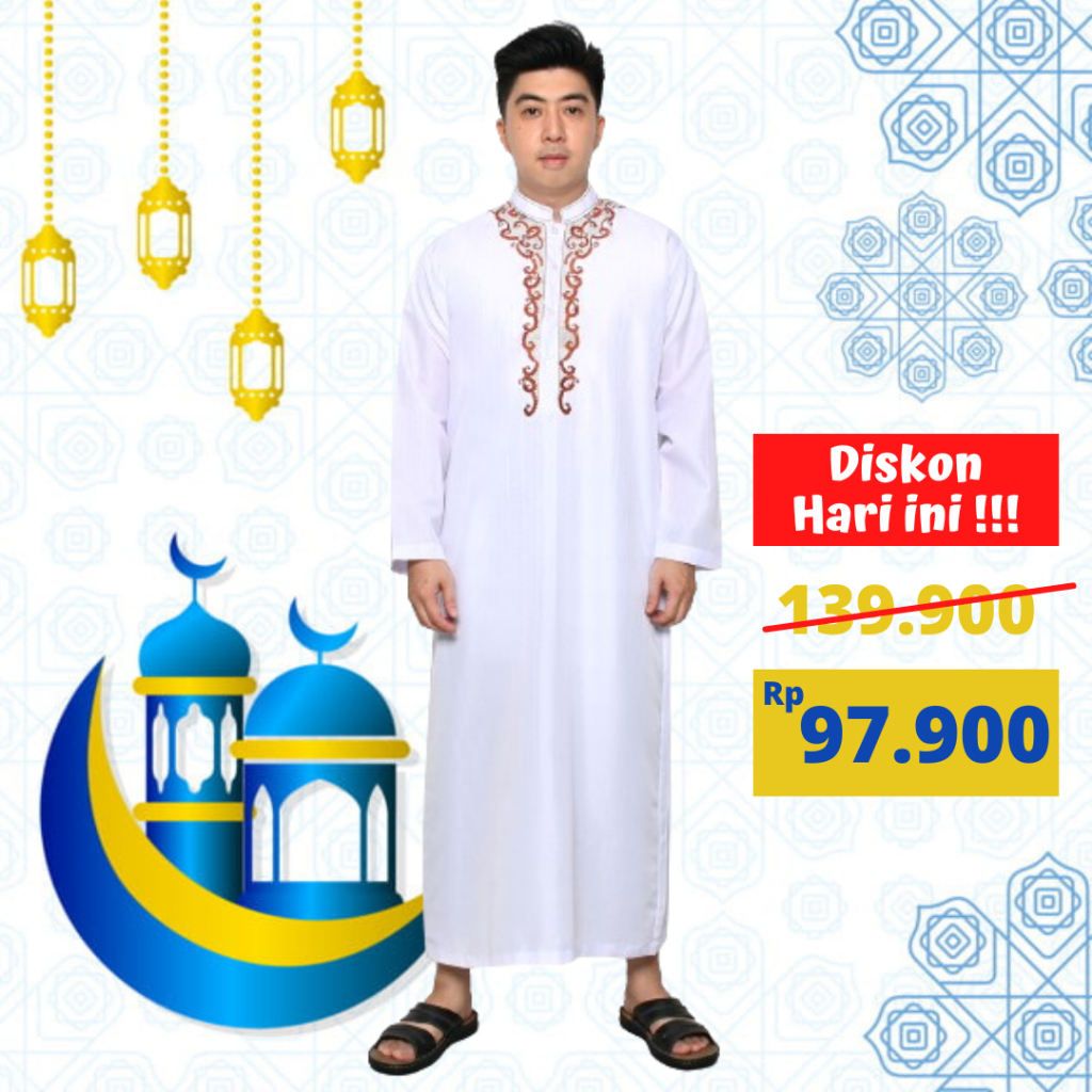 Jubah Pria Gamis Pria Dewasa Baju Jubah Gamis Muslim Pria Putih Polos Lengan Panjang Bordir SA