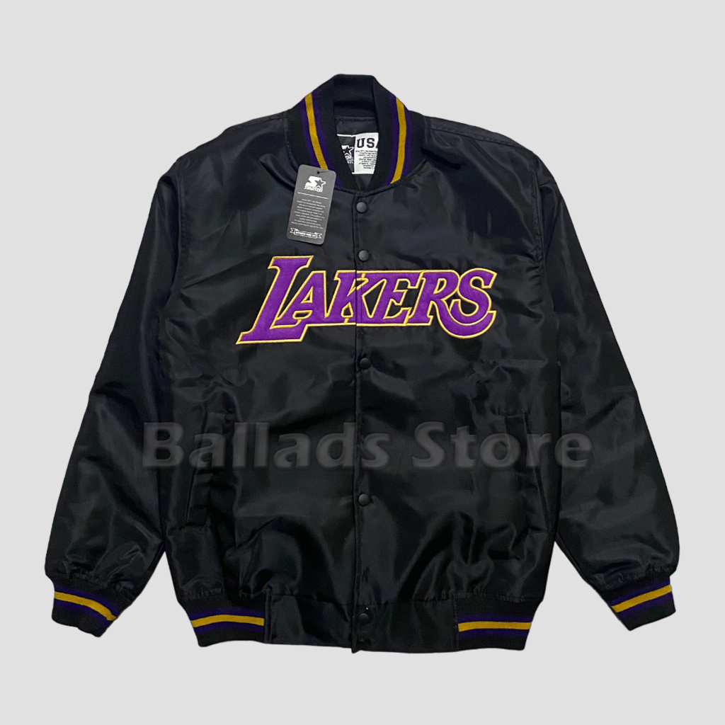 JAKET BOMBER VARSITY BASEBALL BISBOL - LAKERS HITAM  TEXT UNGU BORDIR JAKET PRIA WANITA ORIGINAL