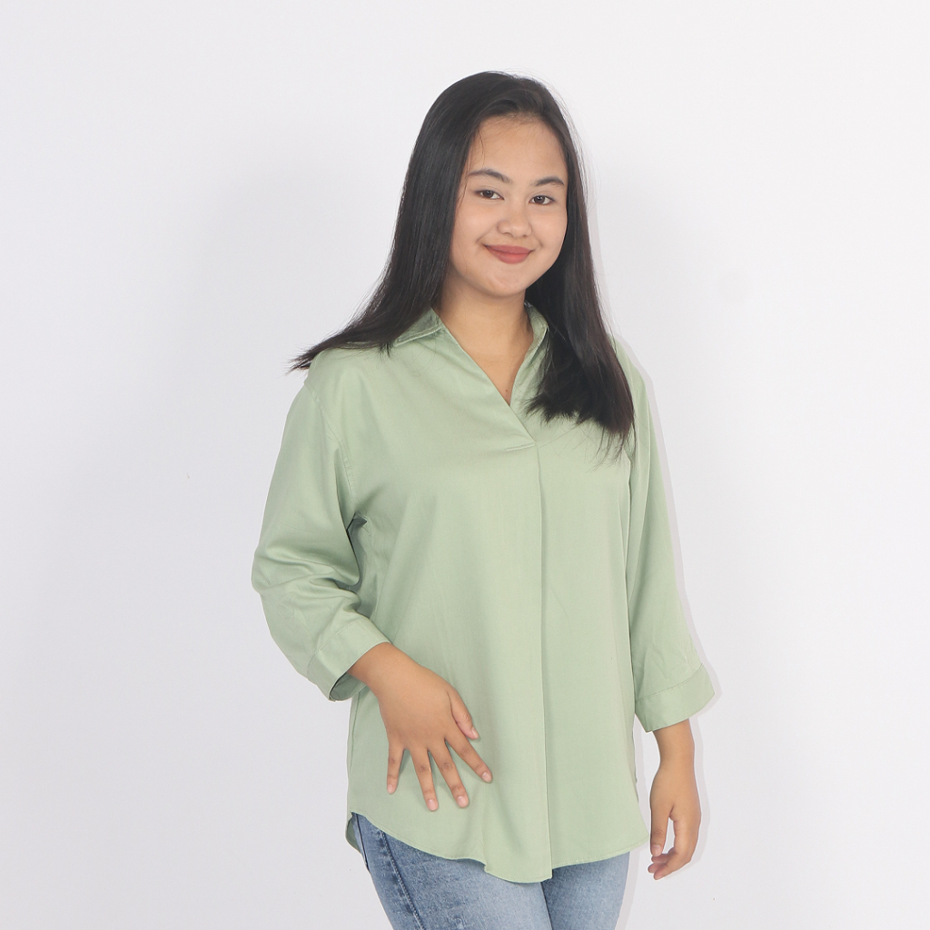 Kemeja Wanita Remix Jeans RKTC148J Atasan Blouse Polos Lengan 7/8 Granada Fashion