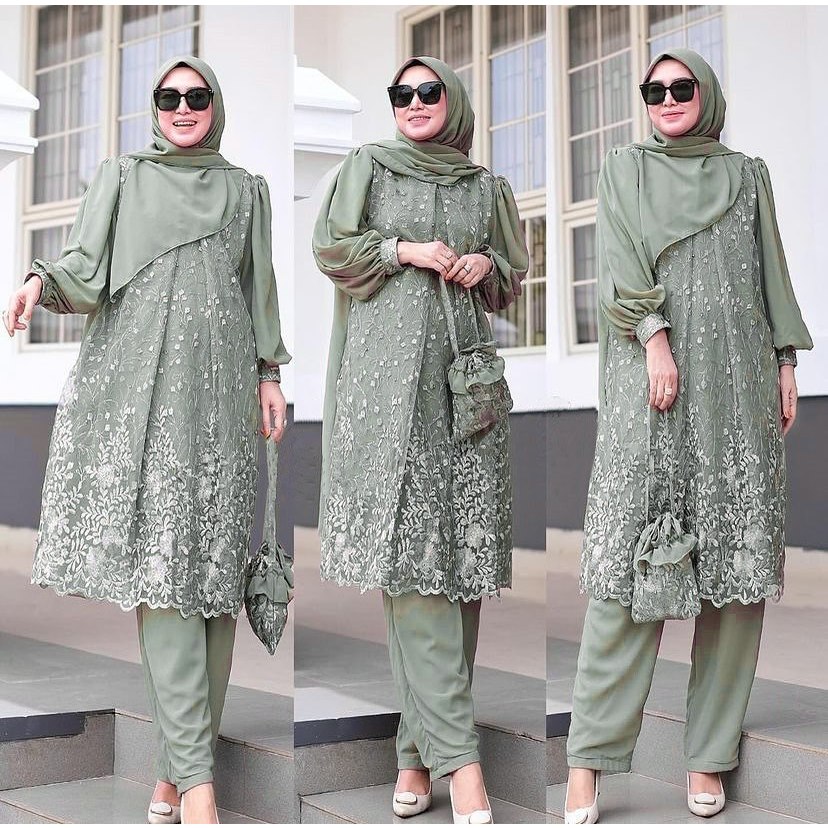 Setelan Brokat Wanita Kondangan-One Set Atasan + Celana-Setcel Brokat Ghina Set-Setelan Pesta Sage G