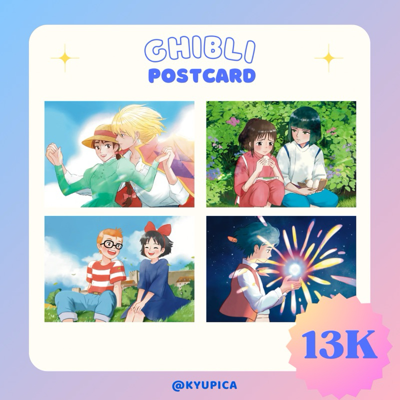 

Ghibli Movie Scenes Postcard (Howl, Spirited Away, Kiki's Delivery) | art by kyupica