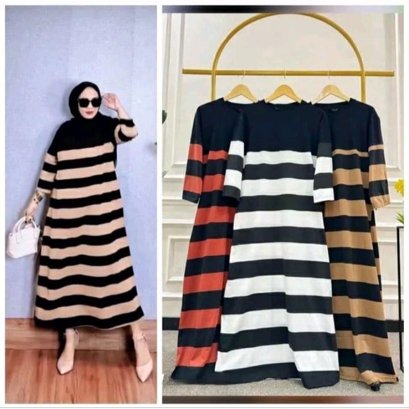 GAMIS DRESS SALUR KEKINIAN WANITA KAOS // GAMIS KAOS SALUR WANITA TERBARU // DRESS SALUR STRIPE KAOS