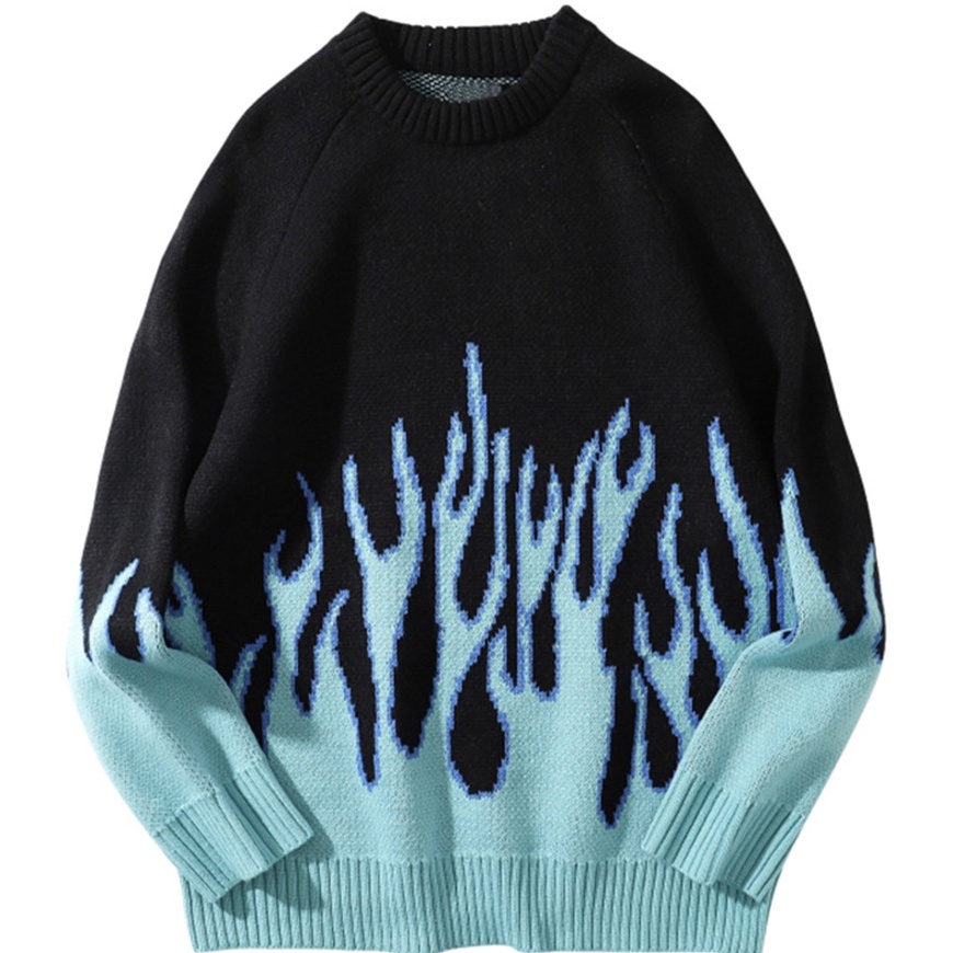 Kode NET329 Dark Icon Sweater Korean Style Pria Switer Crewneck Pria Dewasa Blue Flame Off Shoulder 