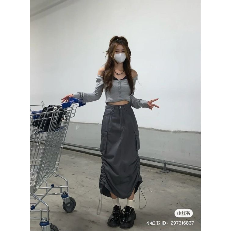 Rok Cargo Wanita Panjang | Cargo Skirt | Rok Cargo Serut | Rok Serut Panjang