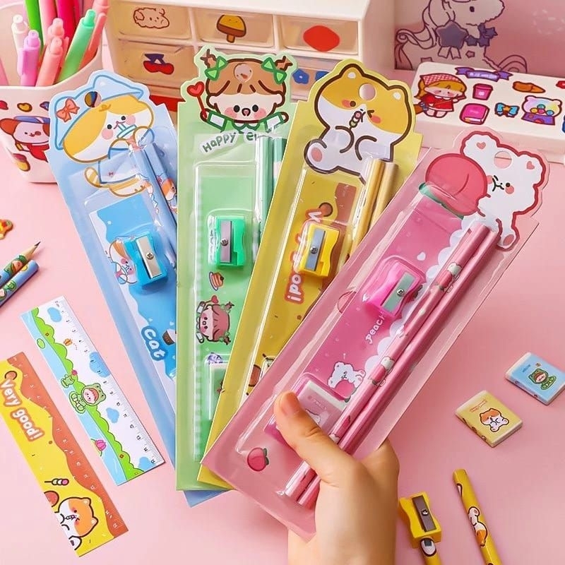 

5 pcs/Set Kartun Beruang Pensil Dengan Penghapus Penggaris Rautan Anak Siswa Sekolat Alat Tulis Set