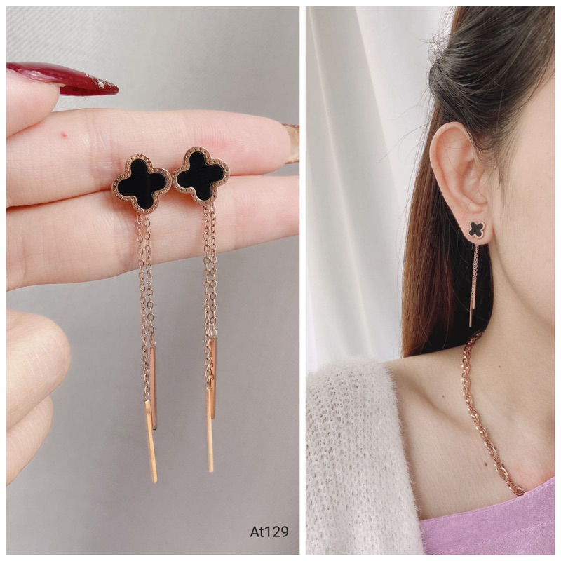 Anting Korea Panjang Clover Hitam / Panjang Gaya Korea / Perhiasan Aksesoris ANTING TITANIUM 2IN1 BI