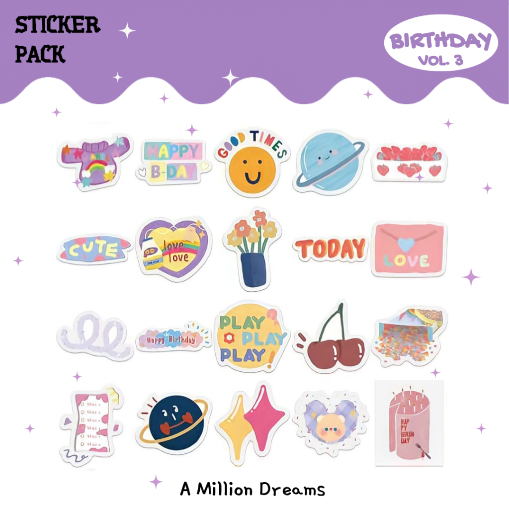 

BIRTHDAY VOL. 3 - 7 PCS BIRTHDAY STICKER PACK WATERPROOF + FREEBIES | stiker cute stiker die cut stiker vinyl doff stiker laptop gitar stiker koper botol stiker korean style stiker ulang tahun aesthetic stiker murmer free sticker