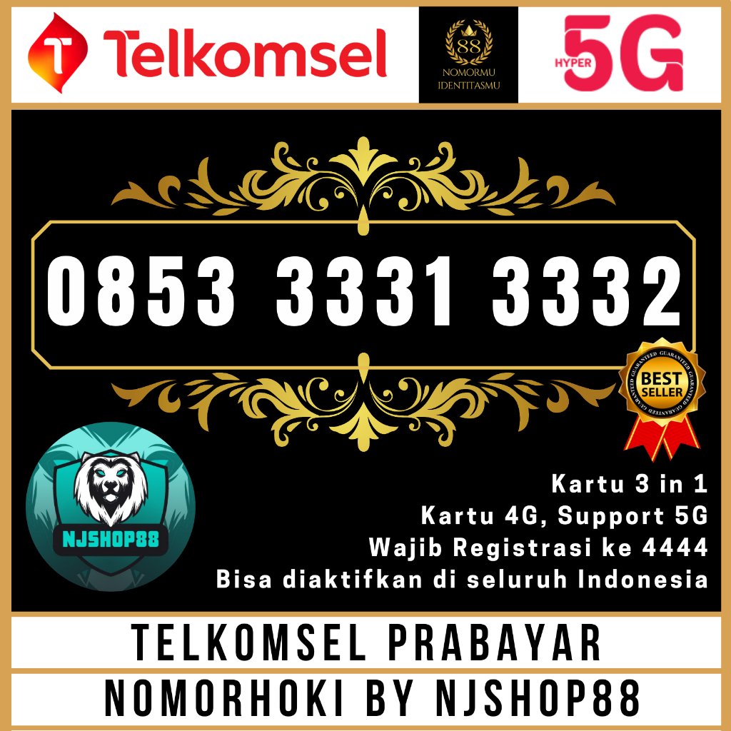 NOMOR CANTIK TELKOMSEL KARTU PERDANA TELKOMSEL PRABAYAR 4G/5G 0853 3331 3332