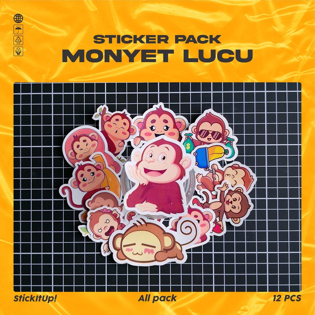 Stiker Pack Monyet Lucu Untuk Koper Laptop Skateboard