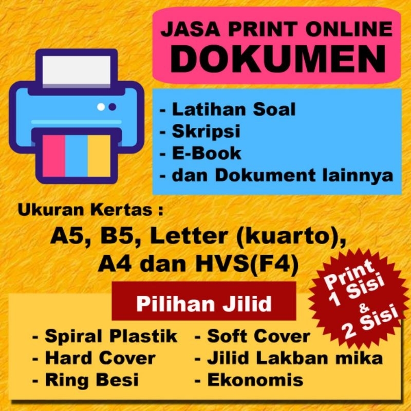 

Print Cetak HVS 80 Gr, 80 Gsm A5, B5, Letter,Kuarto,A4,Folio/F4 Hitam putihSkripsi, Latihan soal, Ebook dll