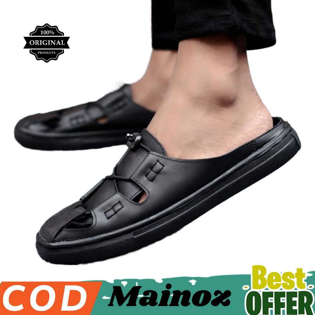 Senzen Lanna Sepatu Sandal Casual Bustong Hitam Pria Kulit Asli Motif Kulit Jeruk Sendal Slop Loafer
