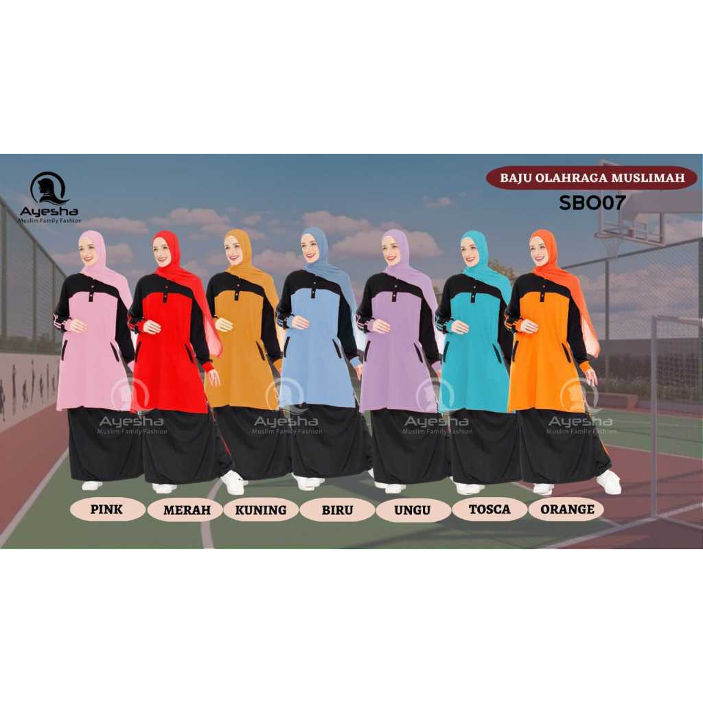 Terbaru Setelan Baju Olahraga Wanita Muslimah Syari Rok Celana Training Pakaian Senam Tunik SBO07