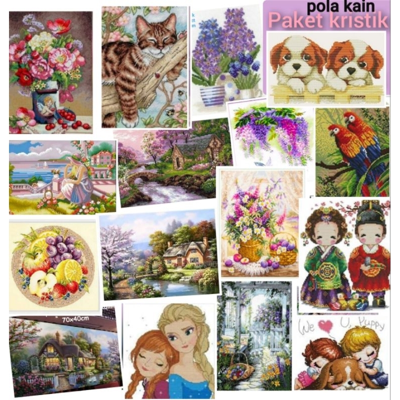 (READY ) DIY Crossstitch kit paket kristik Bunga Pemandangan Hewan Orang pola kain vas flower dmc pr