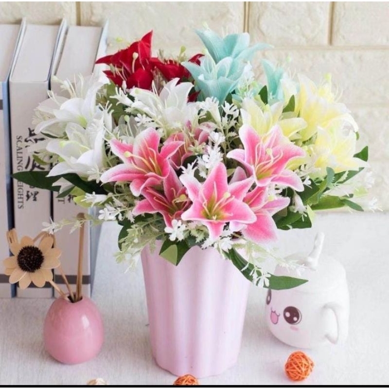 bunga plastik lili x7 kecil artificial plastik hiasan hantaran bucket bunga