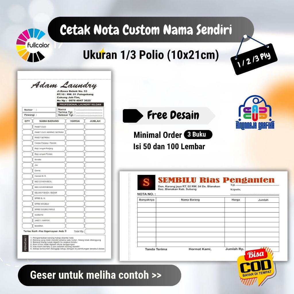 

nota 2 ply custom, nota custom ukuran 1/3 folio, cetak nota 2 ply