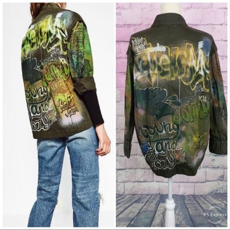 AUTHENTIC ZARA GRAFITTI ARMY DENIM JACKET COAT OUTERWEAR OUTER BLAZER