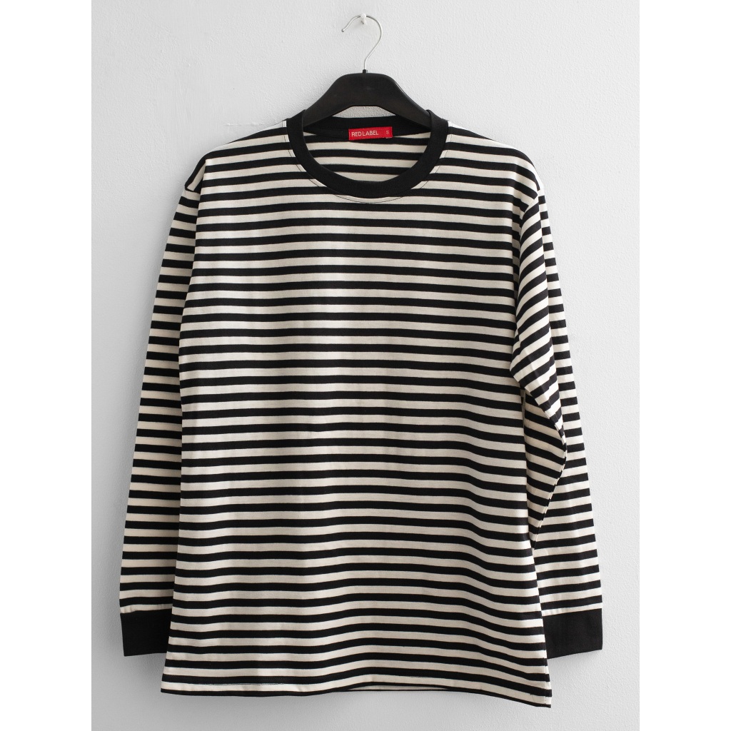 Kaos /T-Shirt Red Label Non Sablon Lengan Panjang Garis Garis Hitam