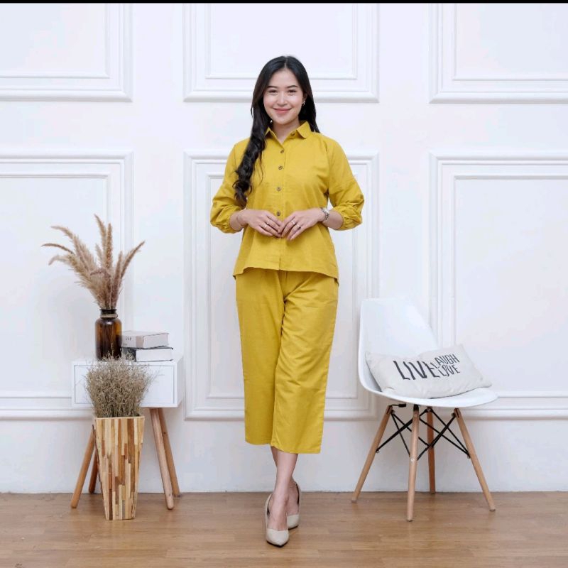 Setelan wanita outfit cewek ONE SET CROP LINEN POLOS, NARA SET Wanita BUSUI