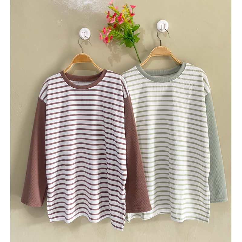 kaos salur wanita oversize kaos knit premium atasan wanita jumbo salur