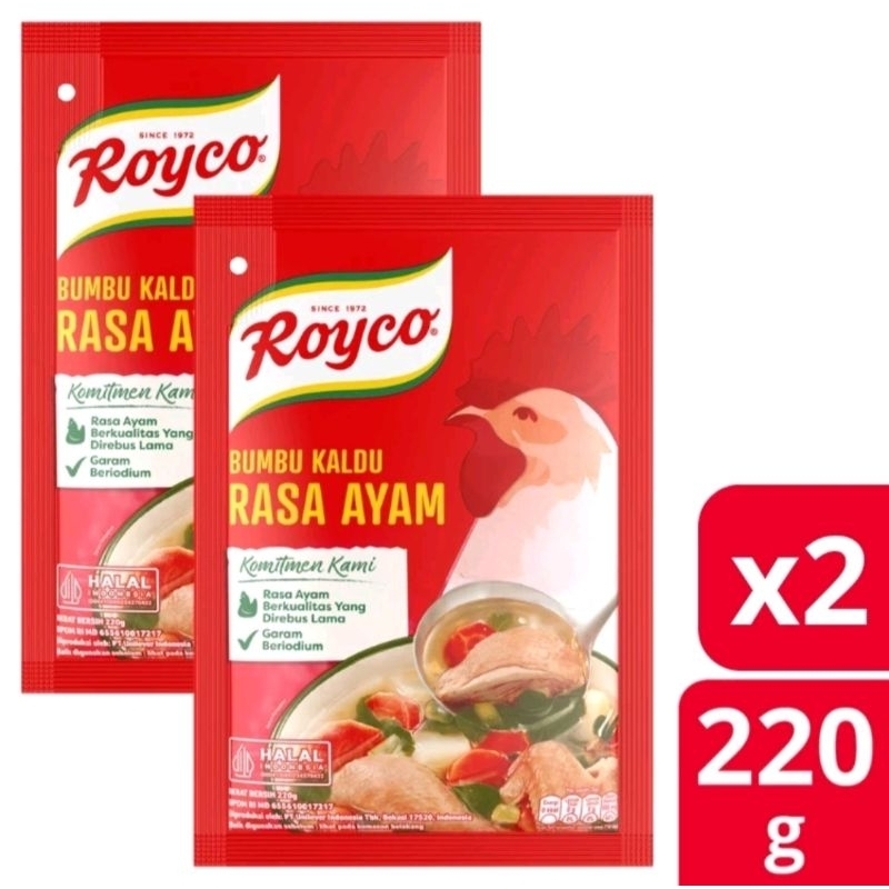 

Royco Bumbu Kaldu penyedap makanan. Penyedap Rasa Ayam beryodium 220 gram x 2