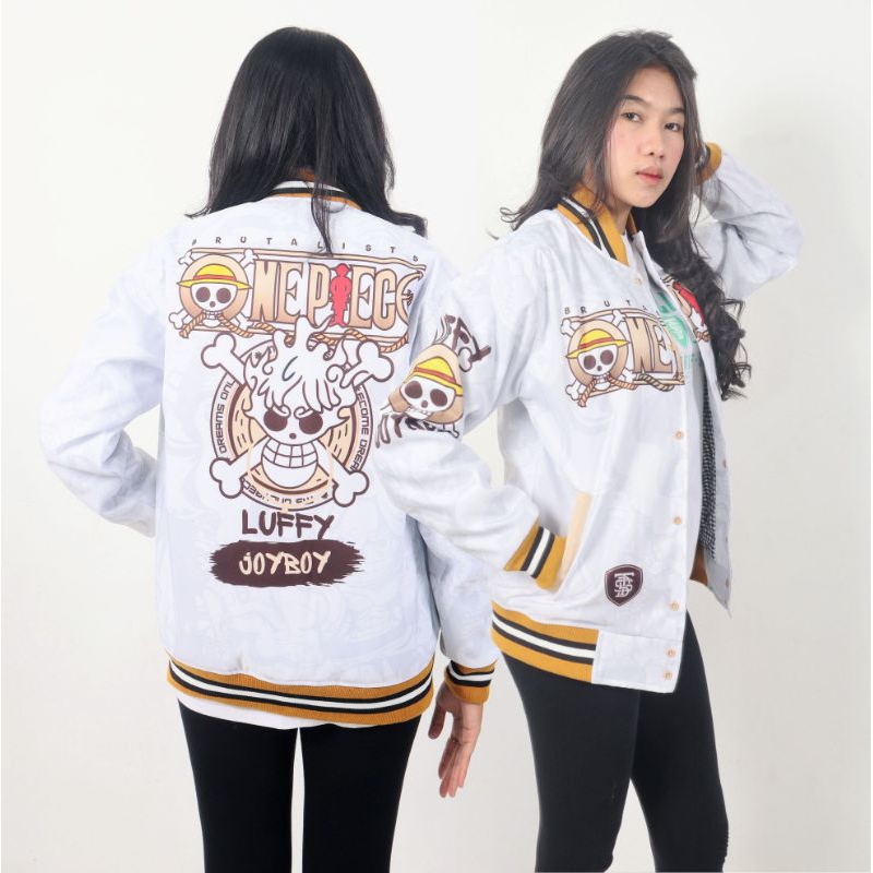 Jaket Wanita Kekinian Korean Style Terbaru Jacket Varsity Anime One Piece Jumbo Putih