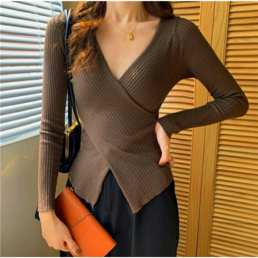 AZ store Knitwear V-neck baju atasan wanita rajut lengan panjang korean style