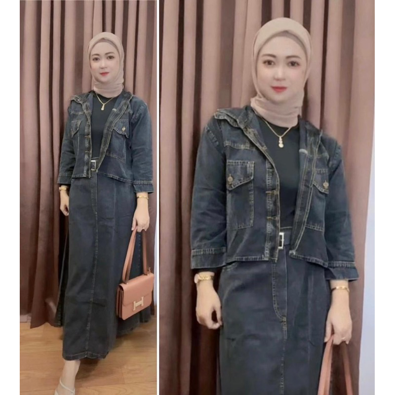 Oneset Rok Jeans Denim Setelan Wanita Rok