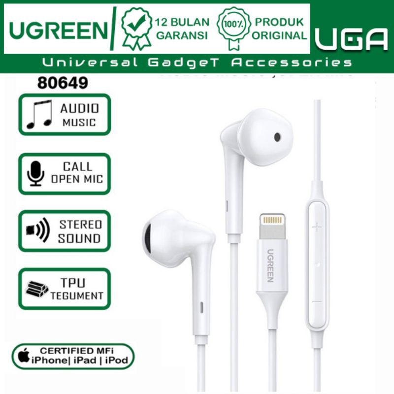 Handsfree Ugreen Headset Lightning iPhone MFi Handsfre Earphone Stereo Mic Original