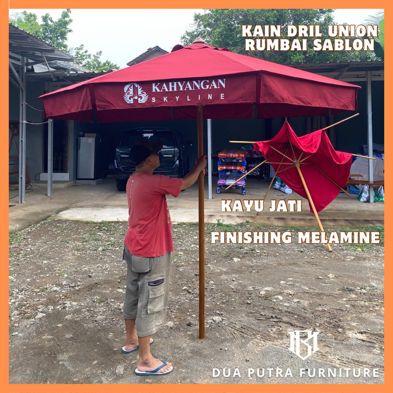 rangka payung cafe, tenda payung taman sablon rumbai kain union, tenda payung outdoor, rangka payung