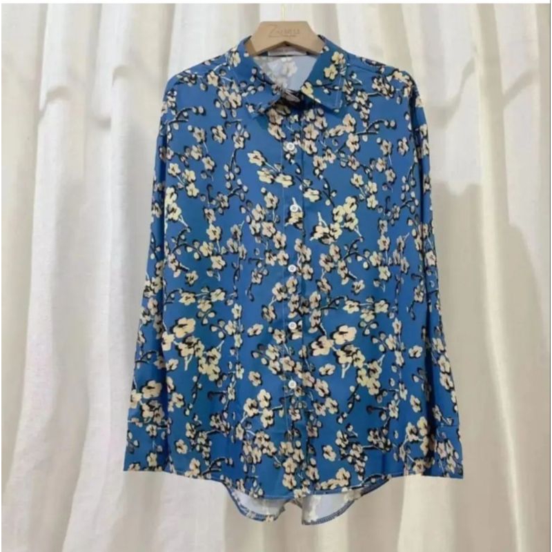 floral blue shirt, zara shirt, kemeja import, kemeja silk, silk shirt, zara blouse