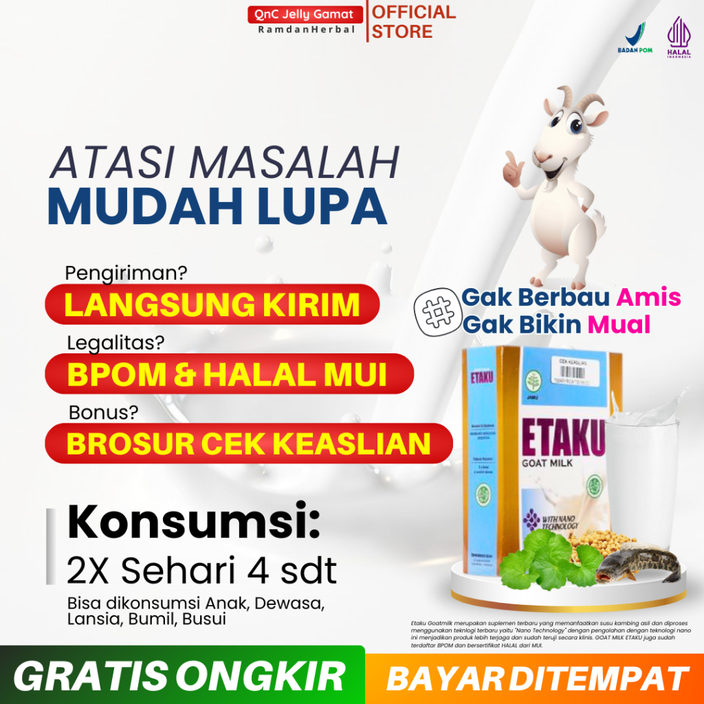 

Susu Nutrisi Atasi Gampang Lupa Pelupa Pikun Kecerdasan Daya Ingat Anak Remaja Lansia Manula Susu Kambing Etawa Etaku Goat Milk 200gr Bpom