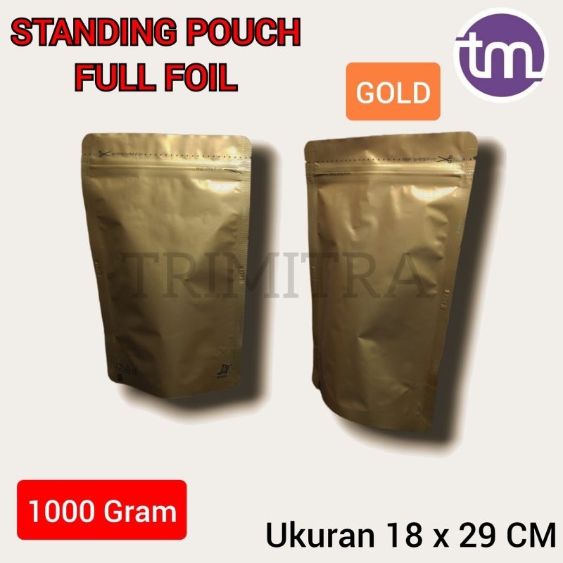 Plastik Stand 1kg Standing Pouch Super Emas 1100z Full Foil Gold Emas Klip Zipper KPACK