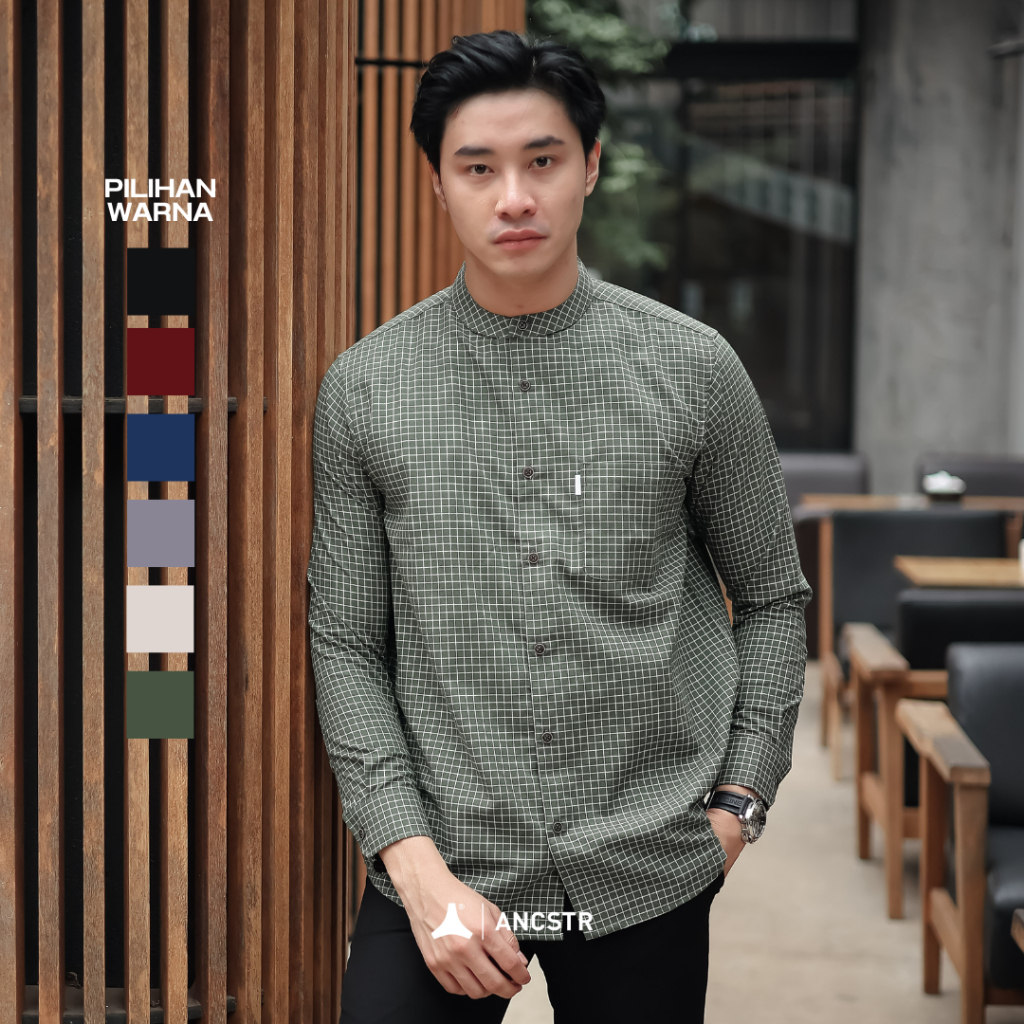 ANCSTR Kemeja Shanghai Motif Kotak Pria Lengan Panjang Oxford - Square Line