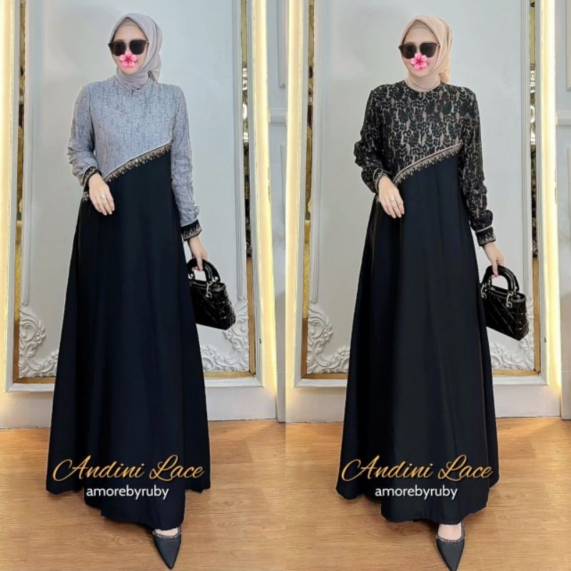 Andini Lace/gamis brokat/brukat/hitam/abu/pesta/lebaran