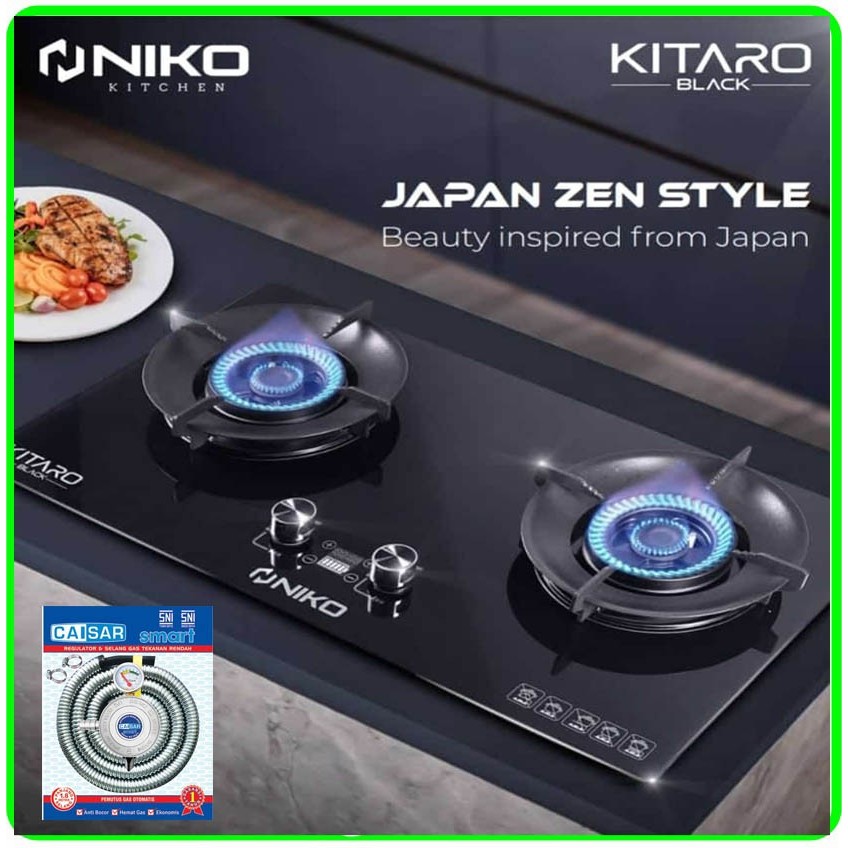 Niko Kitaro Black Kompor Gas 2 Tungku Kompor Tanam Kaca Double Timer fre selang paket