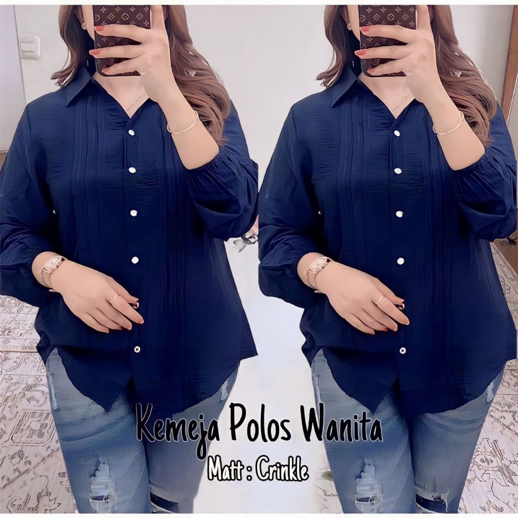 Kemeja Polos Cringkle Wanita Lipat Depan Lengan Panjang
