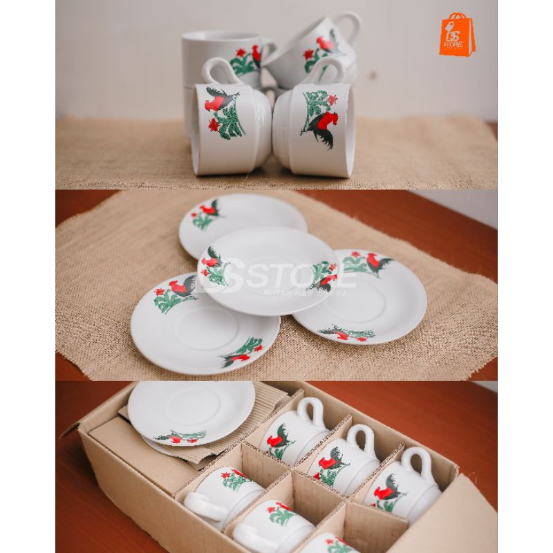Cangkir set keramik/Cangkir kopi/gelas teh/kopin/mug tatakan motif Ayam JAGO LUCKY ASLI
