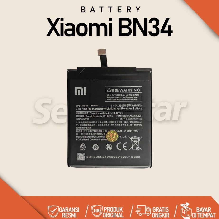Terlaris BATERAI XIAOMI REDMI 5A BN34  BATRE XIAOMI REDMI 5A BN34