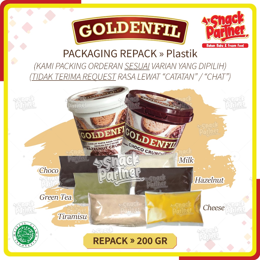 

GOLDENFIL Selai Crunchy / Spread Varian Rasa REPACK 200 GR - Choco Hazelnut Green Tea Cheese Keju Milk Blueberry Strawberry Tiramisu - Olesan Roti Kue Donut Pisang