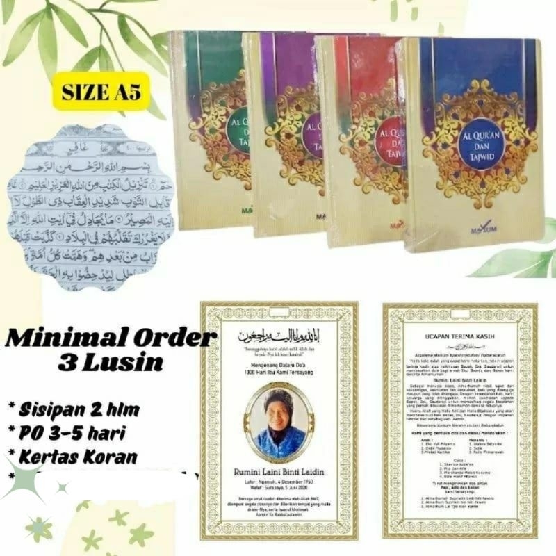 Cetak Al Quran 40 hari 100 hari Al Quran Sisipan 40 harian Souvenir Tahlil Alquran Custom Nama Foto 